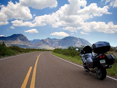 Yamaha FJR1300 heading toward the Chisos Basin, Big Bend National Park, Texas.